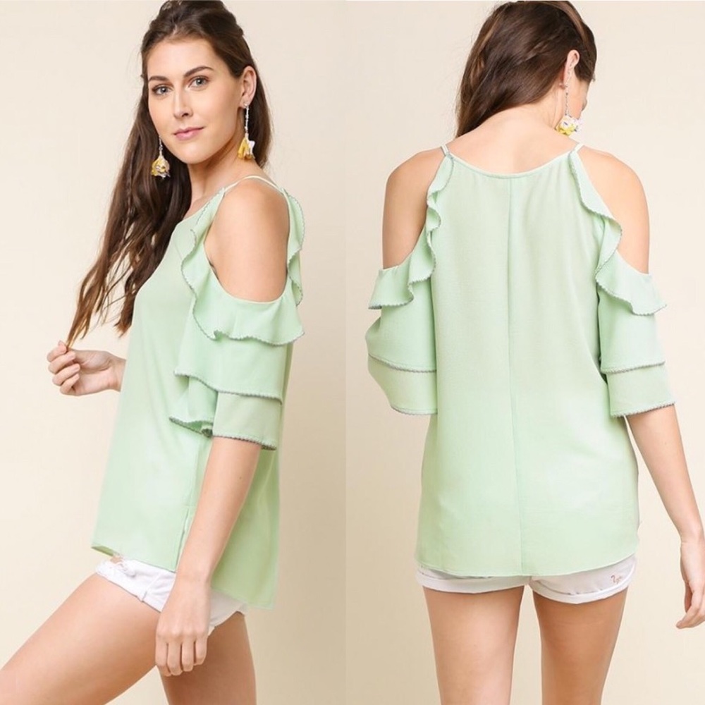 SALE 👀 Green Ruffle Sleeve Cold Shoulder Top - Picture 2 of 5